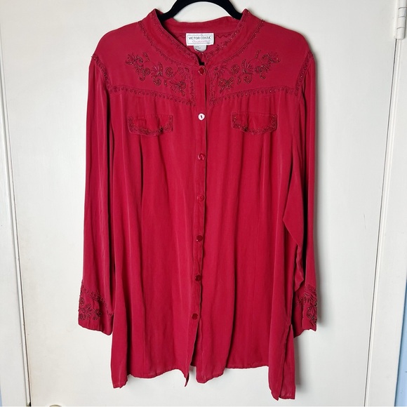 Victor Costa Occasion - Women's‎ Vintage Beaded Silk Blouse Red - Sz. 1X - Picture 1 of 10